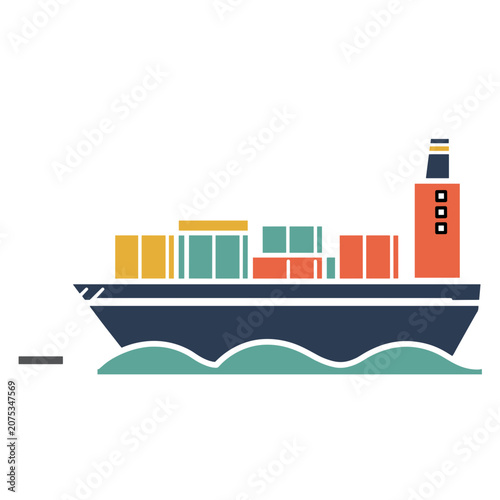 Flat vector illustration of a cargo ship with containers