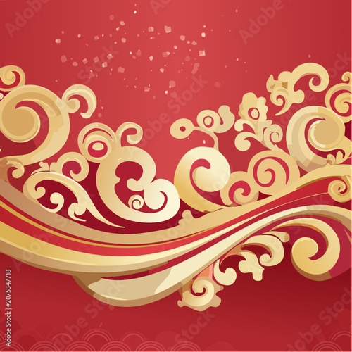 Golden ornamental swirls on red background