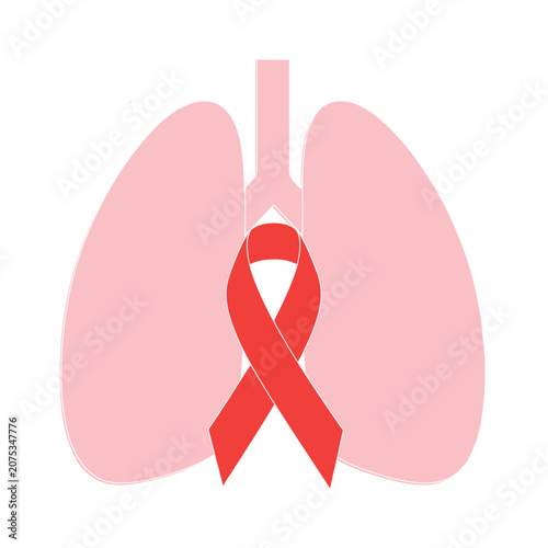 Pink lungs with red awareness ribbon vector illustration