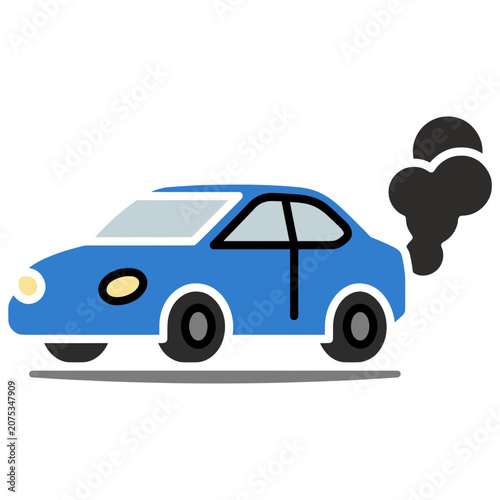 Blue car with exhaust smoke flat vector illustration