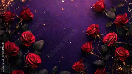 Romantic red roses, gold glitter, purple background