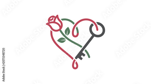 Minimalist Flat Design Valentine Day Icon with Intertwined Rose Stem and Key Forming Heart Shape in White Space