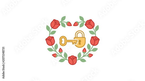 Minimalist flat design Valentine's Day romantic heart shaped rose wreath icon in white for holiday love celebration