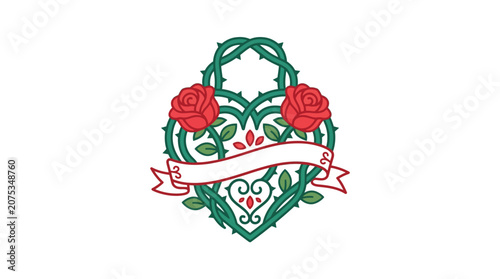 Minimalist flat design Valentine's Day romantic logo icon featuring intertwined rose vines in soft red and green tones on a clean white canvas