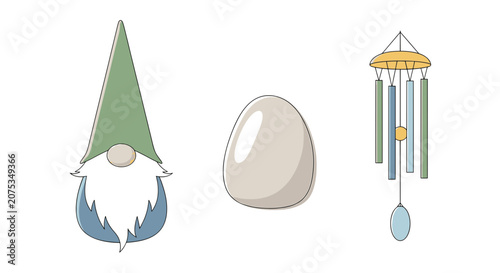 Cuadro en lienzo Garden gnome stone and wind chime vector illustration