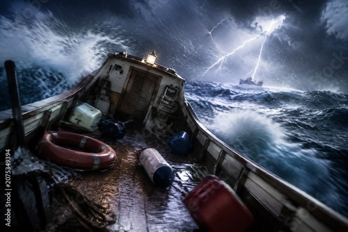 A small boat tossed on stormy waves, interior in disarray.