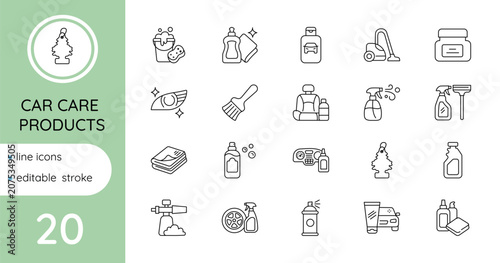 Car care product icon set, linear, vector. Editable stroke.