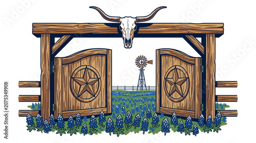 Rustic Texas ranch gate with steer skull and lone stars in a bluebonnet field, retro graphic illustration for t-shirt design and western branding