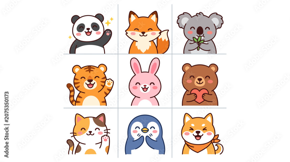 Fototapeta premium Set of cute kawaii animal characters in flat vector style.