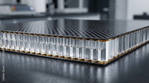 A close-up view of a sandwich panel structure with a honeycomb core on a table in an industrial setting.