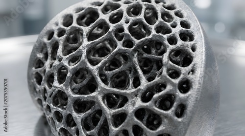 A detailed view of a 3D printed titanium orthopedic joint implant with a complex lattice structure