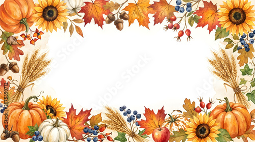 Watercolor Autumn Frame with Pumpkins, Sunflowers, Maple Leaves, Wheat and Fall Harvest Elements