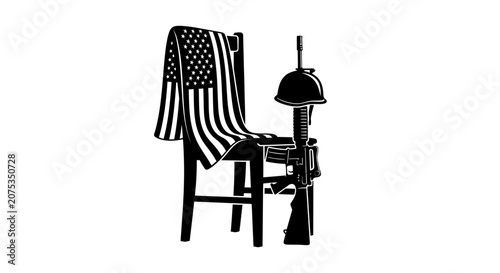 Memorial Day illustration with a chair and American flag and military rifle and helmet.
