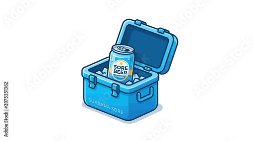 Pixel Art Cooler Box with Cold Beer Can and Ice Cubes - Refreshment Concept