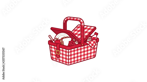 Picnic Basket Full Of Food, Grapes, Sandwich, Drink, Plate, Cutlery, Red Gingham