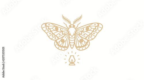 Elegant Moth Illustration with Vintage Lantern, Minimalist Line Art, Symbol of Transformation