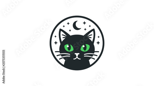Black Cat Head Icon with Moon and Stars, Green Eyes, Minimalist Logo Design