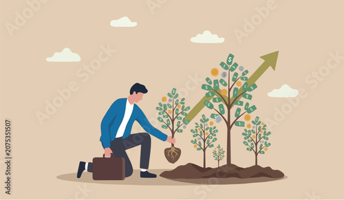 Investing in growth stock growing pension fund, saving or make profit from retirement fund, growing wealth or investment asset concept, businessman investor planting money seedling for prosperity