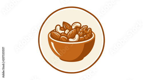 Healthy Mixed Nuts In Bowl Icon - Almonds, Walnuts, Cashews - Vector Illustration