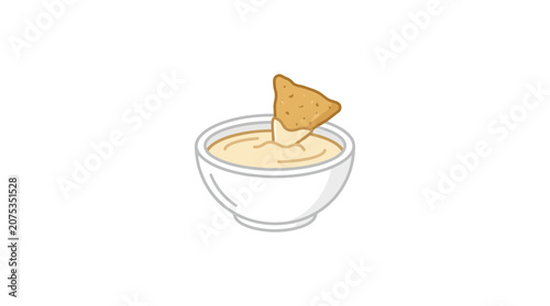 Tortilla Chip Dipped in Creamy Cheese Dip in White Bowl, Isolated on White Background