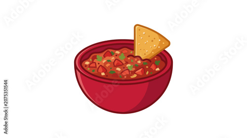 Delicious Salsa Dip with Tortilla Chip in Red Bowl, Fresh Mexican Food Illustration