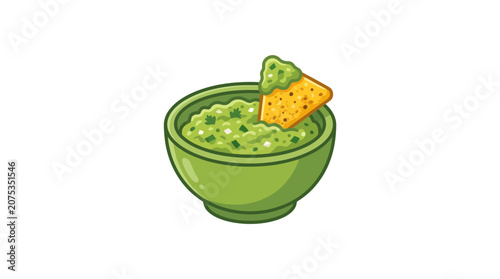 Pixel Art Guacamole Dip with Tortilla Chip in Green Bowl