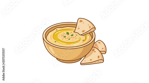 Delicious Hummus Dip with Pita Bread Pieces, Garnished with Parsley and Spices