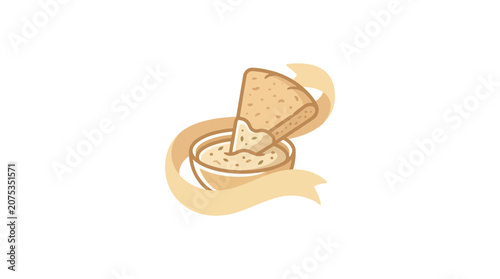 Tortilla Chip Dipping in Creamy Hummus with Ribbon Accent - Vector Illustration