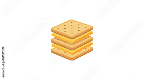 Stacked crackers with cheese slices on white background, simple food illustration