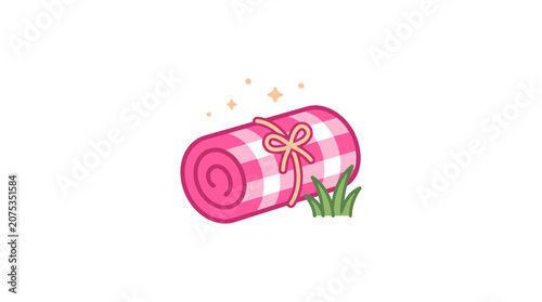 Cute Pink Gingham Picnic Blanket Rolled Up Tied with Bow on Grass Sparkles