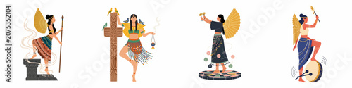 Quadro su tela Collection of mythical priestesses and goddesses in traditional attire with golden wings, performing sacred rituals, vector illustration on white background