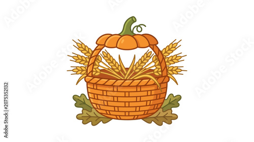 Minimalist Flat Thanksgiving Gratitude Icon with Woven Harvest Basket Symbolizing Family Unity and Harvest Abundance in USA Celebration