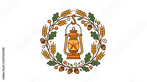 Minimalist Thanksgiving Family Gratitude Icon with Harvest Acorn Lantern and Flat Design Elements for Festive Celebrations