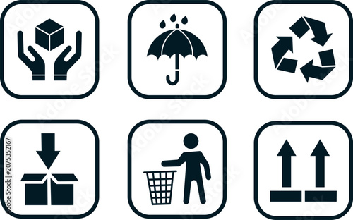 Handle with care and keep dry carton shipping criteria displaying a packaging handling symbols isolated sign