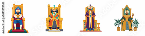Tableau sur toile Set of four diverse Eastern kings and sultans in traditional royal attire sitting on ornate golden thrones, flat vector illustration on white background