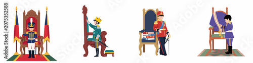 Fotografía Set of illustrations featuring a young boy in various royal and military uniforms sitting on or standing by ornate thrones