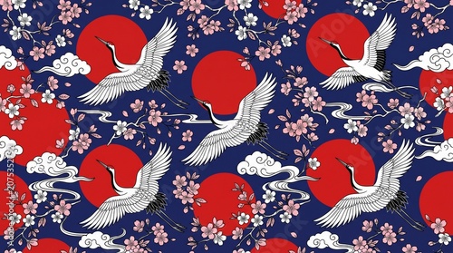 Seamless Japanese Pattern Featuring Elegant Cranes Red Sun And Cherry Blossoms for Cultural Textile Design