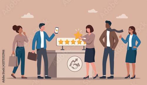 Customer or loyalty satisfaction giving 5 stars rating feedback, best user or experience trust service again concept, various customer to people giving 5 stars review for quality service