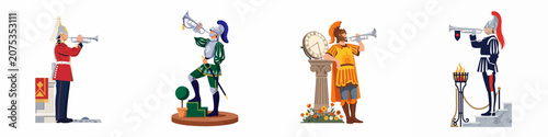 Foto Collection of four historical and ceremonial heralds and guards in uniform blowing trumpets, isolated on a white background