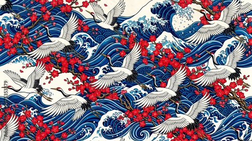 Seamless Pattern of Traditional Japanese Cranes Flying Over Stylized Blue Ocean Waves with Vibrant Red Plum Blossom Flowers