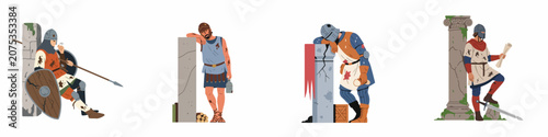Konstfotografi Set of exhausted and wounded ancient and medieval warriors leaning against stone ruins and pillars after a battle, flat vector illustration