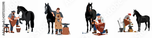Konstfotografi Flat illustration set of a professional farrier blacksmith shoeing and caring for black horses using traditional tools and an anvil