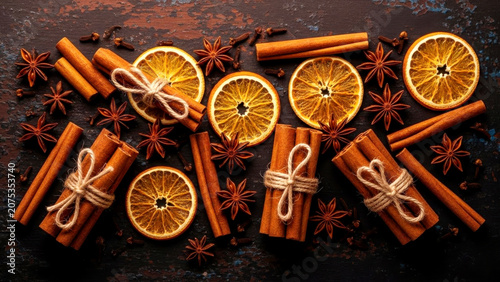 Rustic holiday spices and dried orange slices arranged on a dark distressed wooden surface for seasonal winter cooking