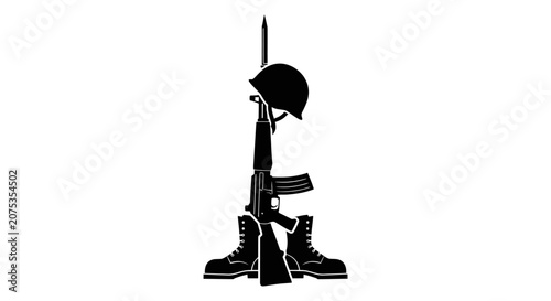 Fallen soldier memorial icon with helmet rifle and boots.