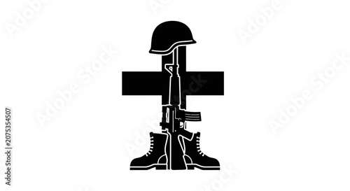 Military memorial icon featuring a rifle helmet boots and cross silhouette.