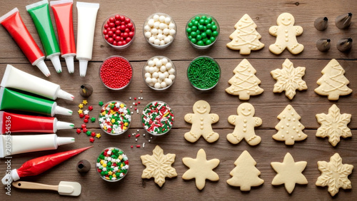 Flat lay christmas cookie decorating set with gingerbread men and icing tubes on rustic wooden table for festive holiday baking