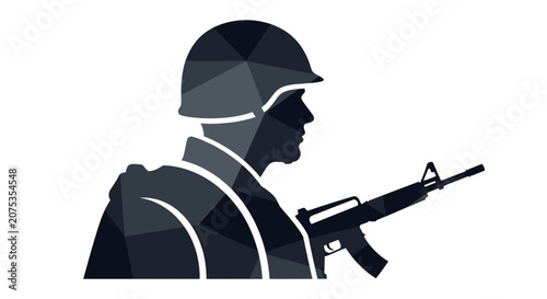 Low poly geometric silhouette of a soldier in combat gear.