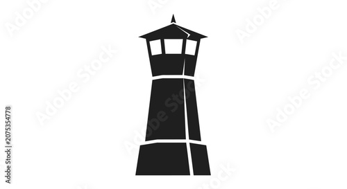 Minimalist black silhouette of a lighthouse tower isolated on white.