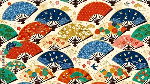 An exquisite mosaic of colorful Japanese folding fans, each displaying unique traditional patterns, symbolizing grace and intricate Asian design and cultural heritage