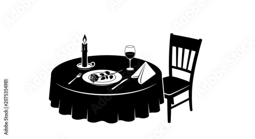 Black and white silhouette illustration of a romantic dinner table setup.